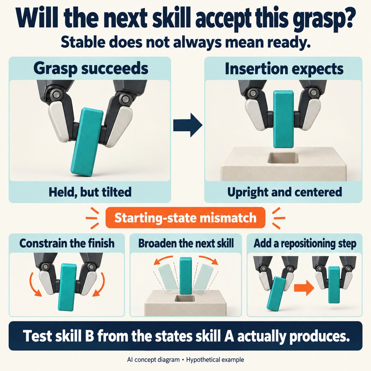 guanliangsky's tweet photo. A stable grasp can leave a peg at an angle the insertion skill never practiced. Test the next skill from the states the previous one actually produces. Isolated success rates do not measure that handoff. AI concept diagram; hypothetical example. https://t.co/XcghbsRoIV