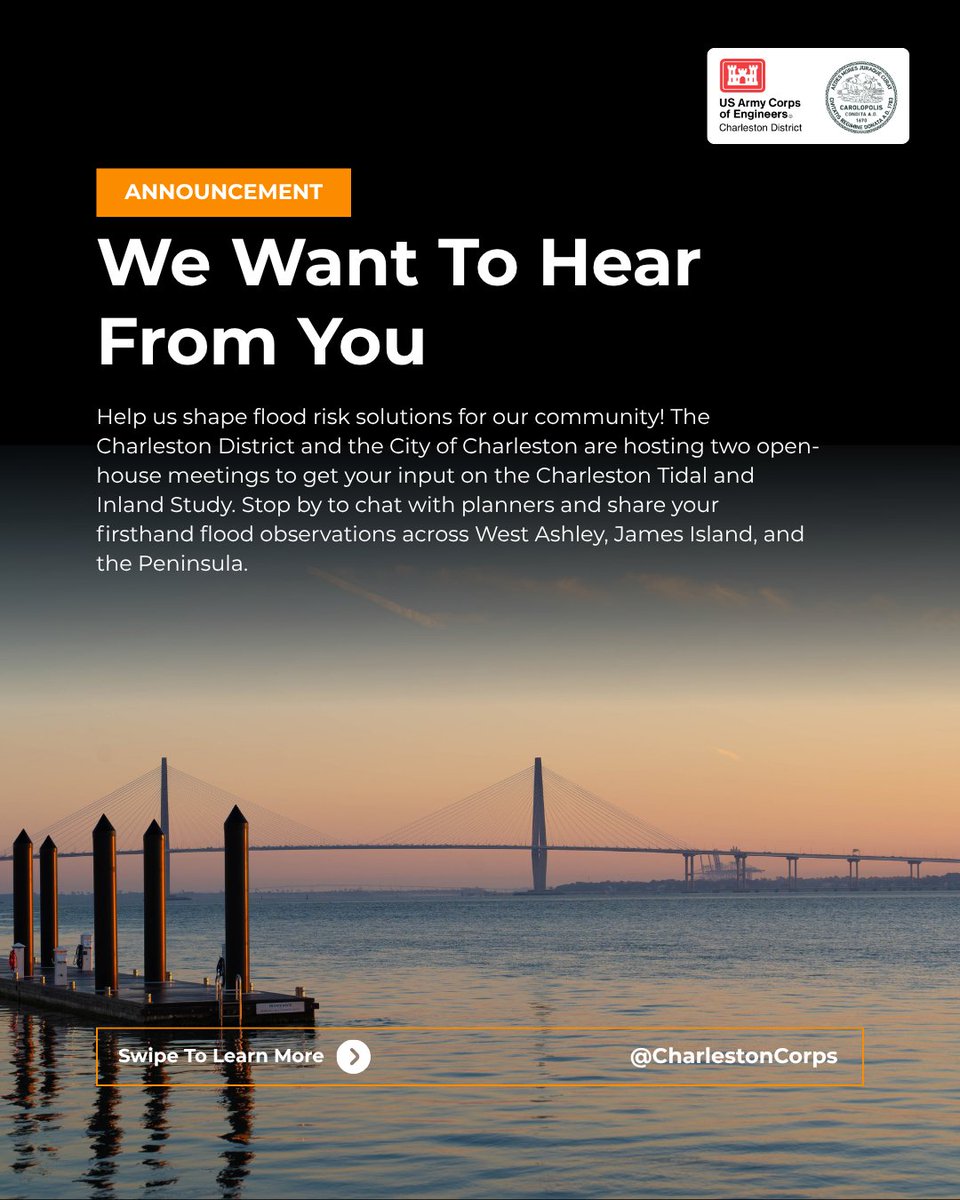 CharlestonCorps's tweet photo. Public meetings start this week! Shape flood solutions with us & @CityCharleston Oct 7-8. #USACE #CharlestonDistrict #CHS https://t.co/nCrGljKjmN