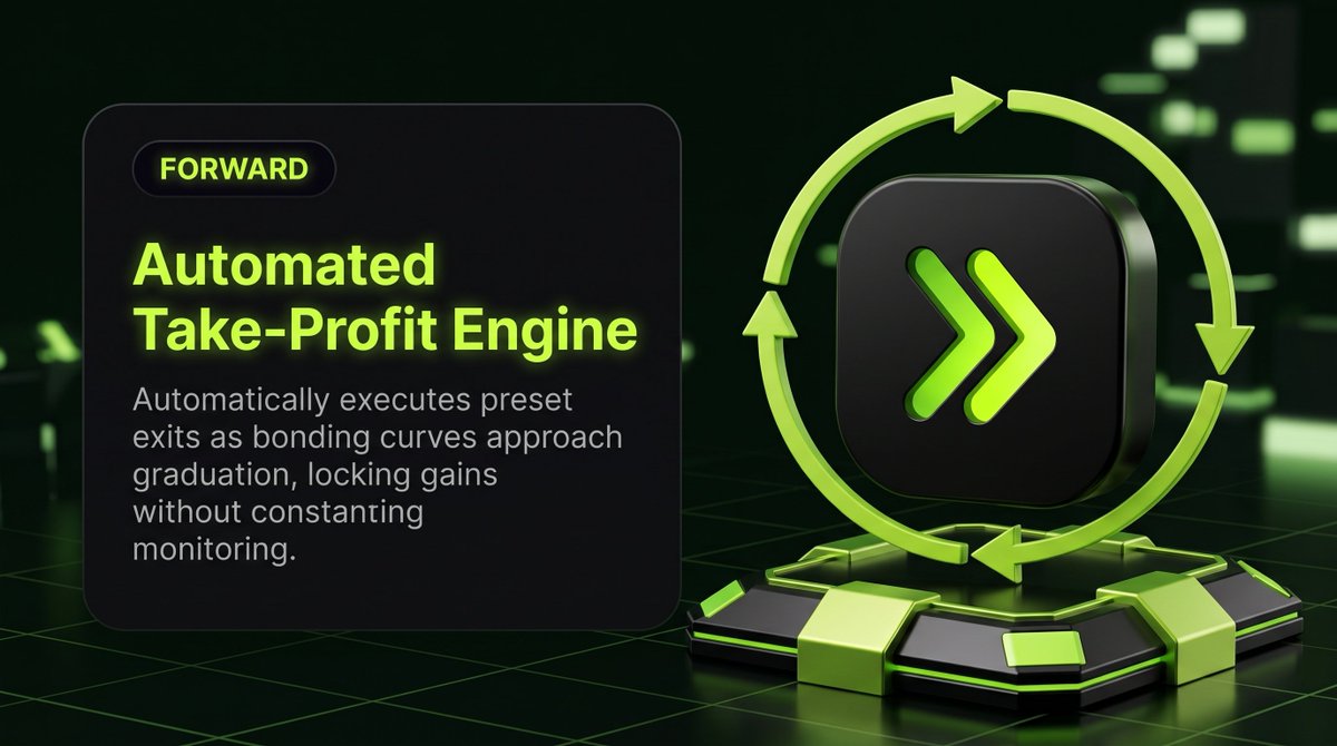 Forward_rh's tweet photo. Execution should not stop at the entry.

FORWARD’s Automated Take-Profit Engine is designed to execute predefined exits as bonding curves approach graduation, helping automate profit-taking without requiring constant manual monitoring.

Set the strategy. Let the engine handle the execution.
