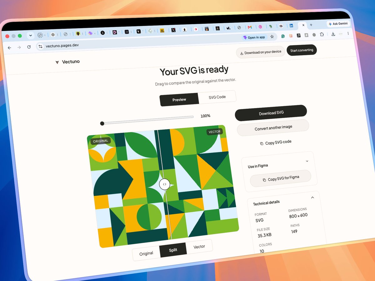 fav_ajebo's tweet photo. Wagwan guys, 

So, I built something last week and called it Vectuno (Image to SVG converter). It can work 100% offline, and you can download it as a PWA (web app).

The backend's built for up to 100M requests a month.

It's free right now: https://t.co/H4asELxLXY https://t.co/MF3Wl3JfRA