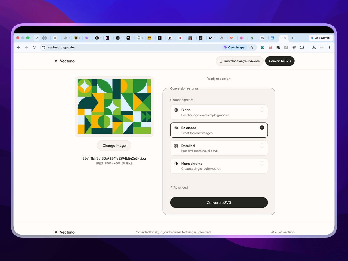 fav_ajebo's tweet photo. Wagwan guys, 

So, I built something last week and called it Vectuno (Image to SVG converter). It can work 100% offline, and you can download it as a PWA (web app).

The backend's built for up to 100M requests a month.

It's free right now: https://t.co/H4asELxLXY https://t.co/MF3Wl3JfRA