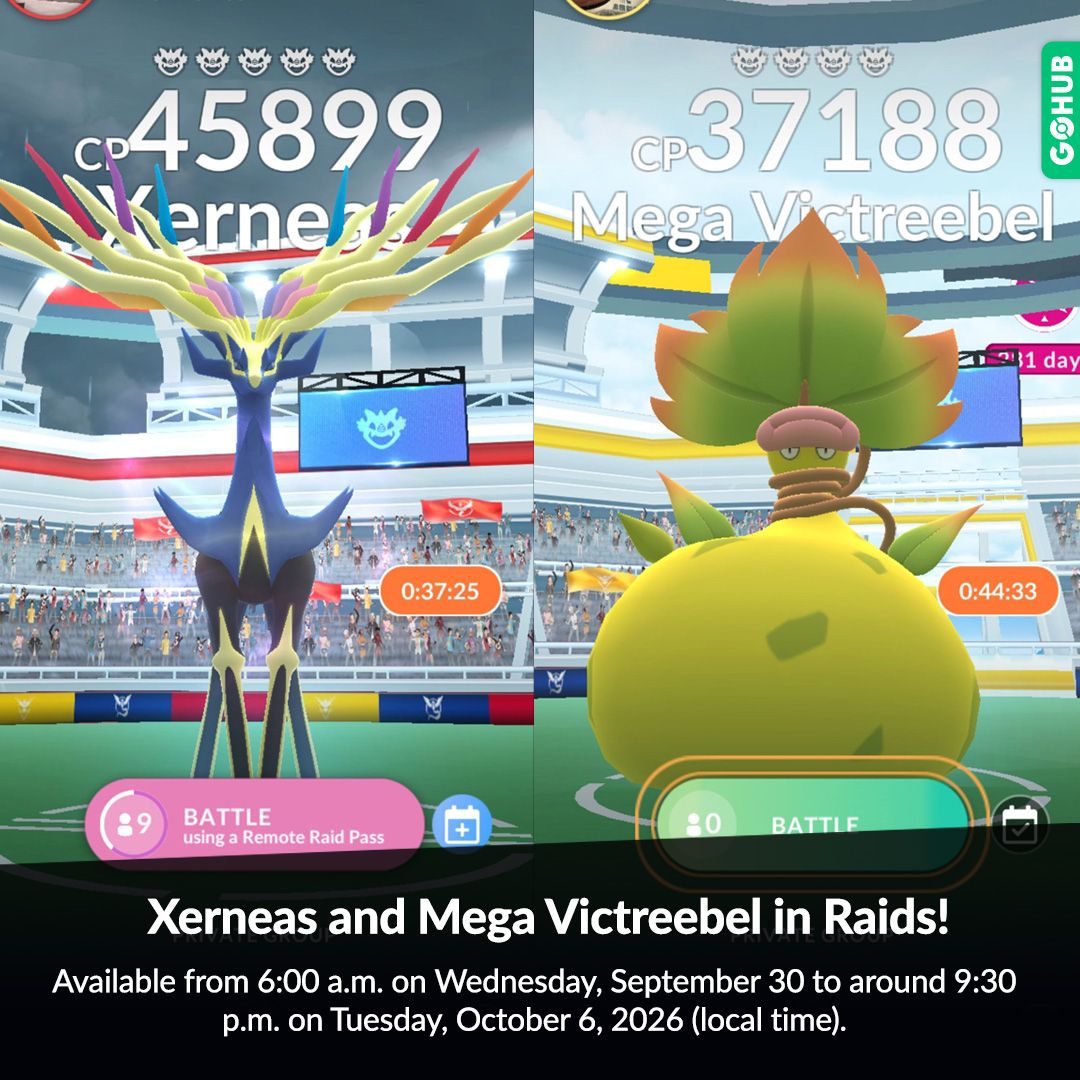 PokemonGOHubNet's tweet photo. 🚨 Pokémon GO Raid Bosses have changed!

From September 30 to October 6, the new raid rotation features:

• Xerneas in 5-Star Raids
• Mega Victreebel in Mega Raids
• Dondozo & Hisuian Lilligant in 3-Star Raids
• Honedge, Galarian Farfetch’d & more in 1-Star Raids 

Our Raid Boss list has been updated with the full rotation, catch CPs and raid guides. 👇 
https://t.co/wsw5VGOnRn