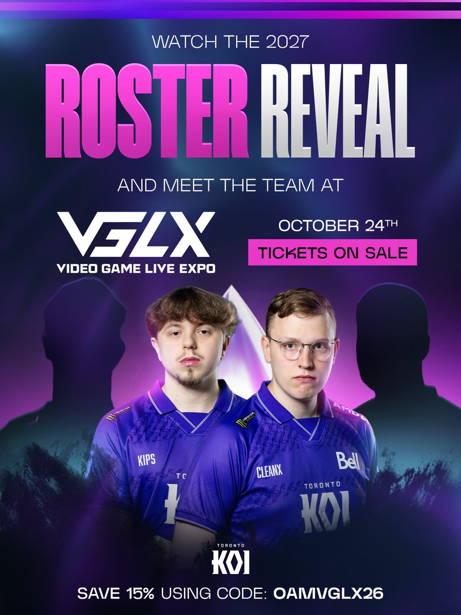 TorontoKOI's tweet photo. Our roster is dropping soon...be there when it happens LIVE at @vglx_official on October 24th 👀

Use code "OAMVGLX2026" to save 15% on your tickets 🎟️

https://t.co/PIqSuVbiq1 https://t.co/xzWvic529J