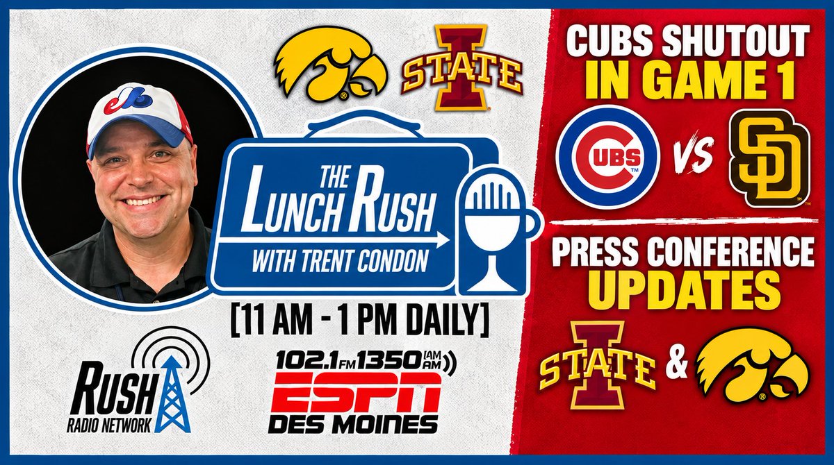 LunchRush515's tweet photo. Coming up today from 11:00 am - 1:00 pm on @ESPNDSM & The Rush Radio Network with @trentcondon presented by @CircaSports 

11:20 @YahooSchwab #NFL 🏈 

11:40 @alec_busse #Cyclones 🌪 

12:00 @thekapman #DaBears #Cubs #WhiteSox 

12:20 @DavidEickholt #Hawkeyes 🐤 

12:40 @mitchholthus #ChiefsKingdom 

Stream: https://t.co/ylDDhM3PhQ