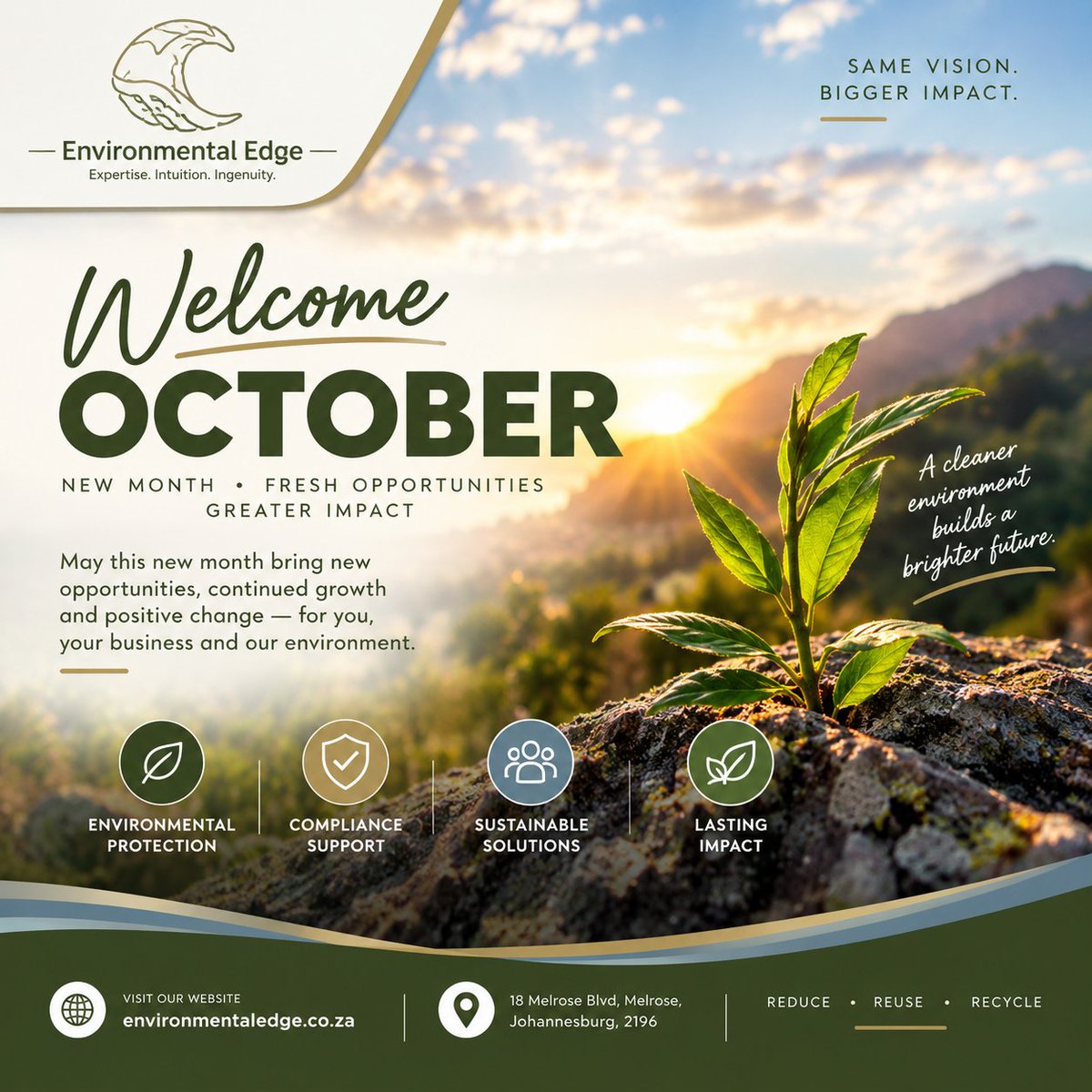 EnviEdge's tweet photo. 🌱 Welcome October | New Month. Fresh Opportunities. Greater Impact.

#WelcomeOctober #EnvironmentalEdge #EnvironmentalCompliance #Sustainability #EnvironmentalManagement #SustainableDevelopment #EnvironmentalProtection #Compliance #SouthAfrica #SustainabilityMatters https://t.co/ASt9IMU4UT