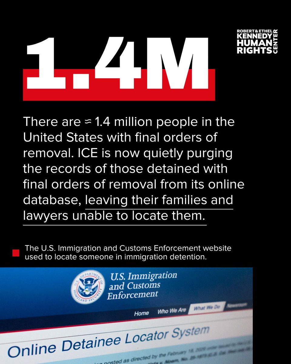 Kennedy_HRC's tweet photo. 1/ On September 15, 2026, ICE quietly adopted a policy of removing the locations of thousands of individuals with final orders of removal from the Online Detainee Locator System (ODLS).

This unprecedented policy change, designed to allow the swift deportation of people without access to counsel, the courts, or due process, has resulted in the United States government’s enforced disappearance of thousands of people in its custody.