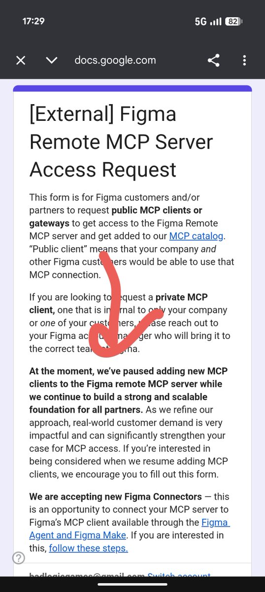 badlogicgames's tweet photo. so the choices are:

- don't play by the rules, impersonate a sanctioned figma mcp client
- play by the rules, click on the link to the suggested form and find out that you can't play by the rules if you want figma mcp server access for your users https://t.co/R2ZJF8ykRC