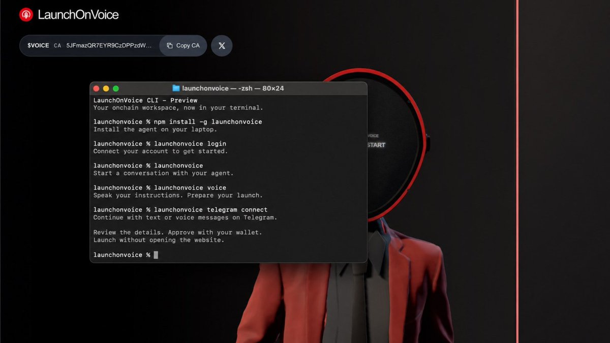 LaunchOnVoice's tweet photo. CLI preview.

Install the agent locally. Speak the launch spec. Inspect the payload. Approve from your wallet. Or hop the session to Telegram and keep going by voice.

No web UI in the critical path.
声にする。創る。ローンチする。 https://t.co/Zhzylb83Yd