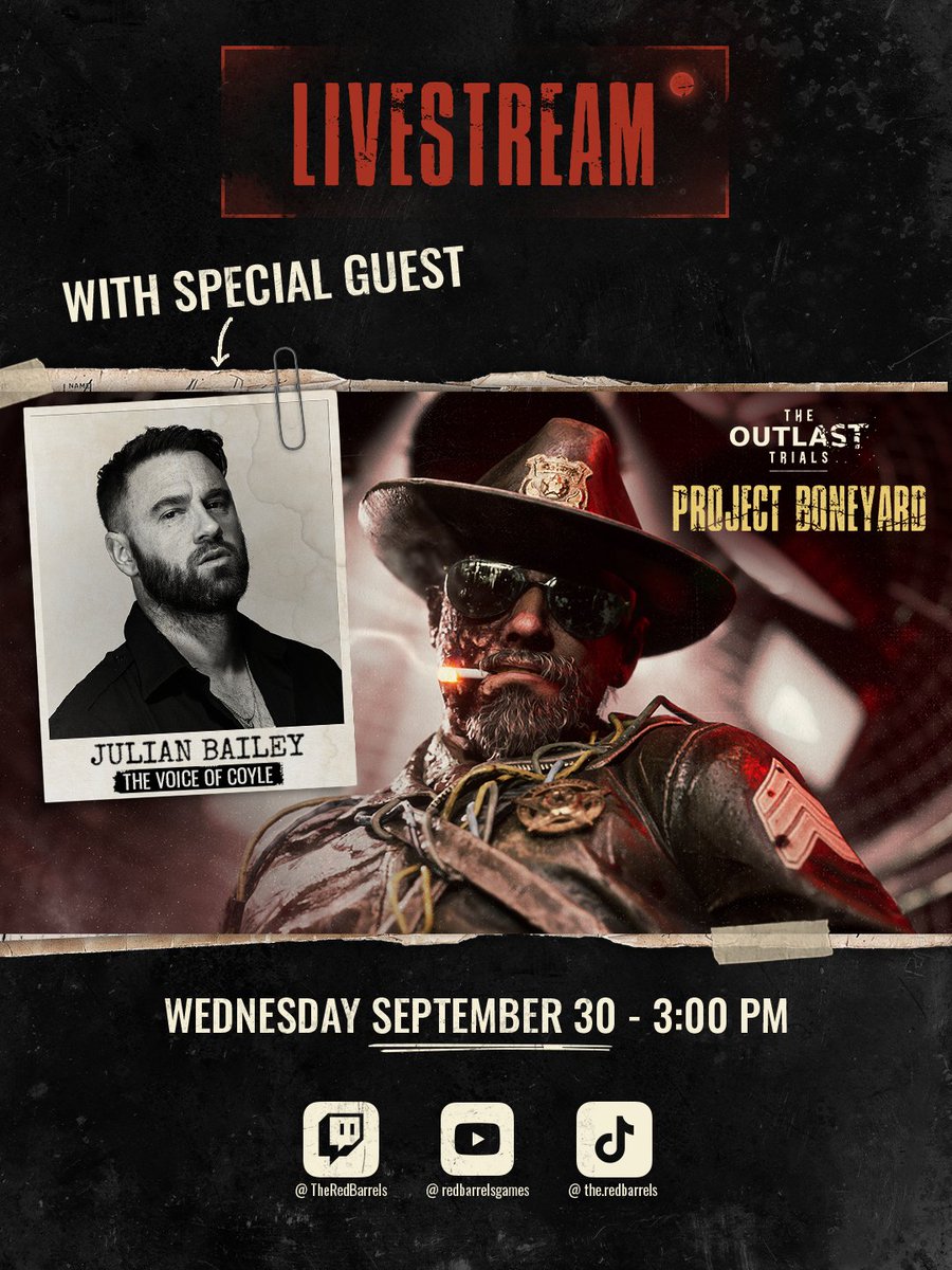 TheRedBarrels's tweet photo. 🚨  Join us on a surprise stream today with Julian Bailey, the voice of Sergeant Leland Coyle, as we survive #TheOutlastTrials live on our Twitch, YouTube and TikTok pages at 3pm ET!
👾 https://t.co/mzFHOIs8HY
▶️ https://t.co/yyJVrZirwE
📱 https://t.co/JSj1oqLoBv
________

Réactifs! 🚨  Rejoignez nous et Julian Bailey, la voix de sergent Leland Coyle, pour une diffusion en direct  AUJOURD'HUI où nous jouerons à #OutlastTrials sur nos chaînes Twitch, YouTube et TikTok!