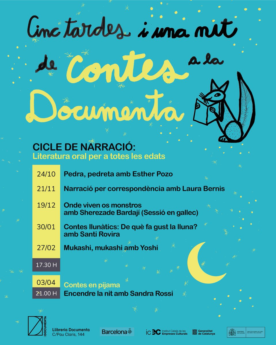 DocumentaBCN's tweet photo. 🌙👧🧒📚 Torna el Cicle de contacontes Docunens!
Contes, històries i nous descobriments per gaudir en família, amb reconeguts narradors i narradores.

Activitat gratuïta.
Dissabtes a les 17.30 h, excepte la sessió de cloenda, que serà nocturna. https://t.co/m2gnzD7iDV