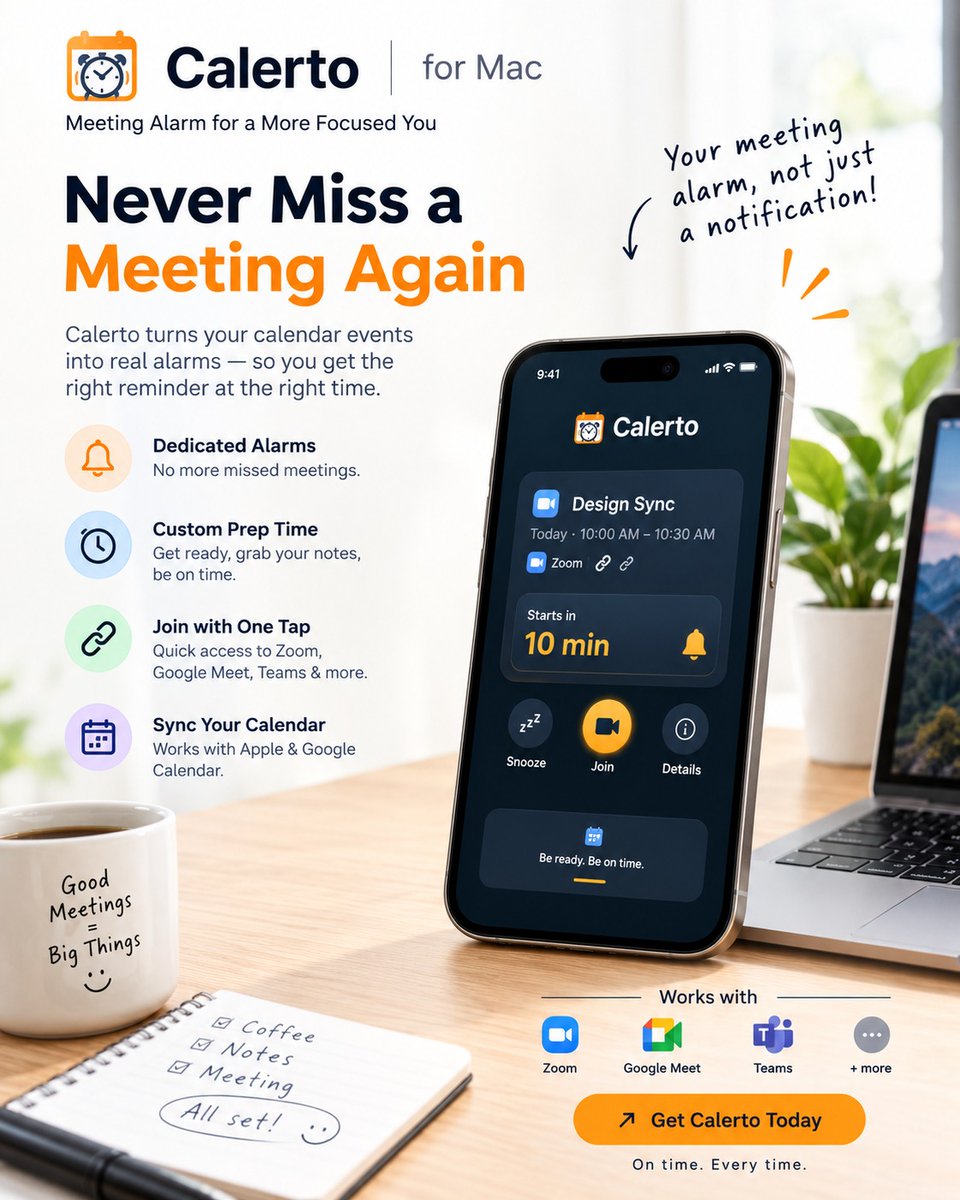 RJiOSDEV's tweet photo. Calerto turns your calendar events into real meeting alarms  helping you prepare ahead, join quickly, and stay focused without constantly watching the clock.

⏰ Dedicated meeting alarms
🕐 Custom prep time
🔗 One-tap joining
📅 Apple & Google Calendar sync
💻 Built for Mac

Stay focused. Be ready. Be on time.
Get Calerto today → https://t.co/jXy1arnLyl

#Calerto #MacApp #Productivity #MeetingReminder #ProductivityTools #RemoteWork #WorkSmarter #MacUsers #TimeManagement #Meetings