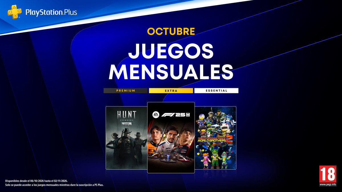PSPlusES's tweet photo. Descubre los #JuegosDelMes que llegarán este OCTUBRE a #PlayStationPlus:
🏎️F1 25
🏹Hunt: Showdown 1896
👾Earth Defense Force: World Brothers 2
Disponibles el 06/10. Más info👉https://t.co/TQtBnJTO7E https://t.co/2kTh5klUgA