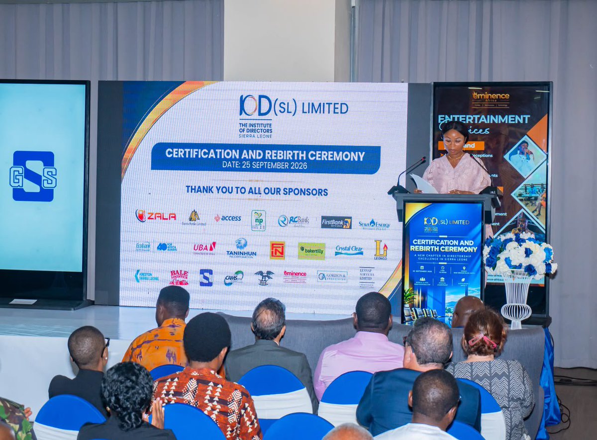 NIB_SL's tweet photo. 25/9/22026 the NIB Deputy Executive Director, Fatima Mahawa Sandi, has said, the Institute of Directors SL (IoD-SL) would help develop a new generation of directors who lead with a clear sense of purpose, she made the statement at the Rebirth and Certification Ceremony of IoD-SL. https://t.co/OINqzSPSgx
