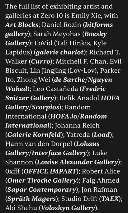 A text listing exhibiting artists and galleries at Zero 10, including names like Emily Xie, Daniel Rozin, Sarah Meyohas, and Refik Anadol with their associated galleries.
