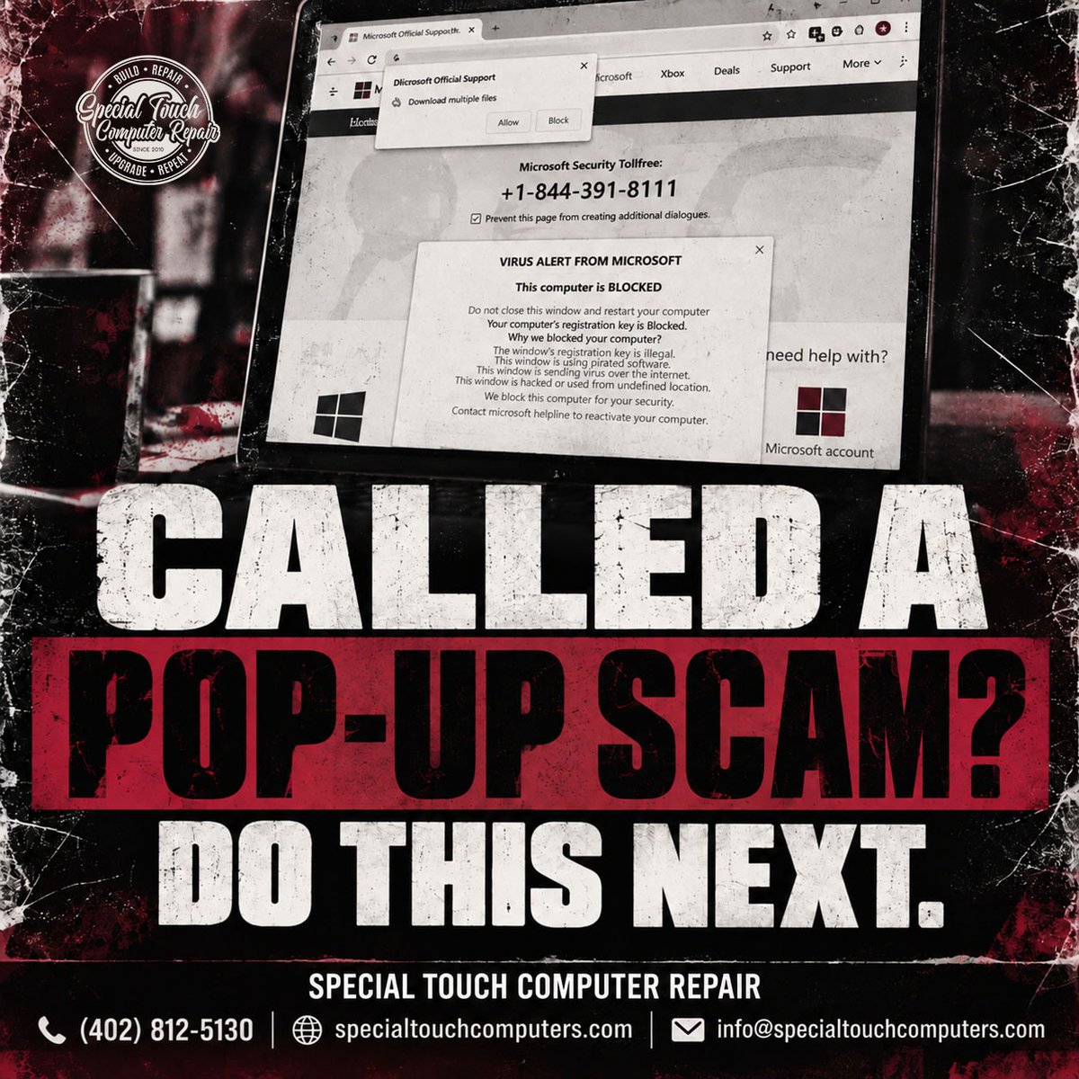 STCRepair's tweet photo. 🚨 Called a pop-up scammer?

1️⃣ Disconnect from the internet
2️⃣ Change your passwords
3️⃣ Alert your bank &amp; credit bureaus
4️⃣ Bring your computer to us for an evaluation
Scammers use fear and urgency to force fast, emotional decisions.
Special Touch Computer Repair
📞 402-812-5130 https://t.co/B2zAs4R3tG