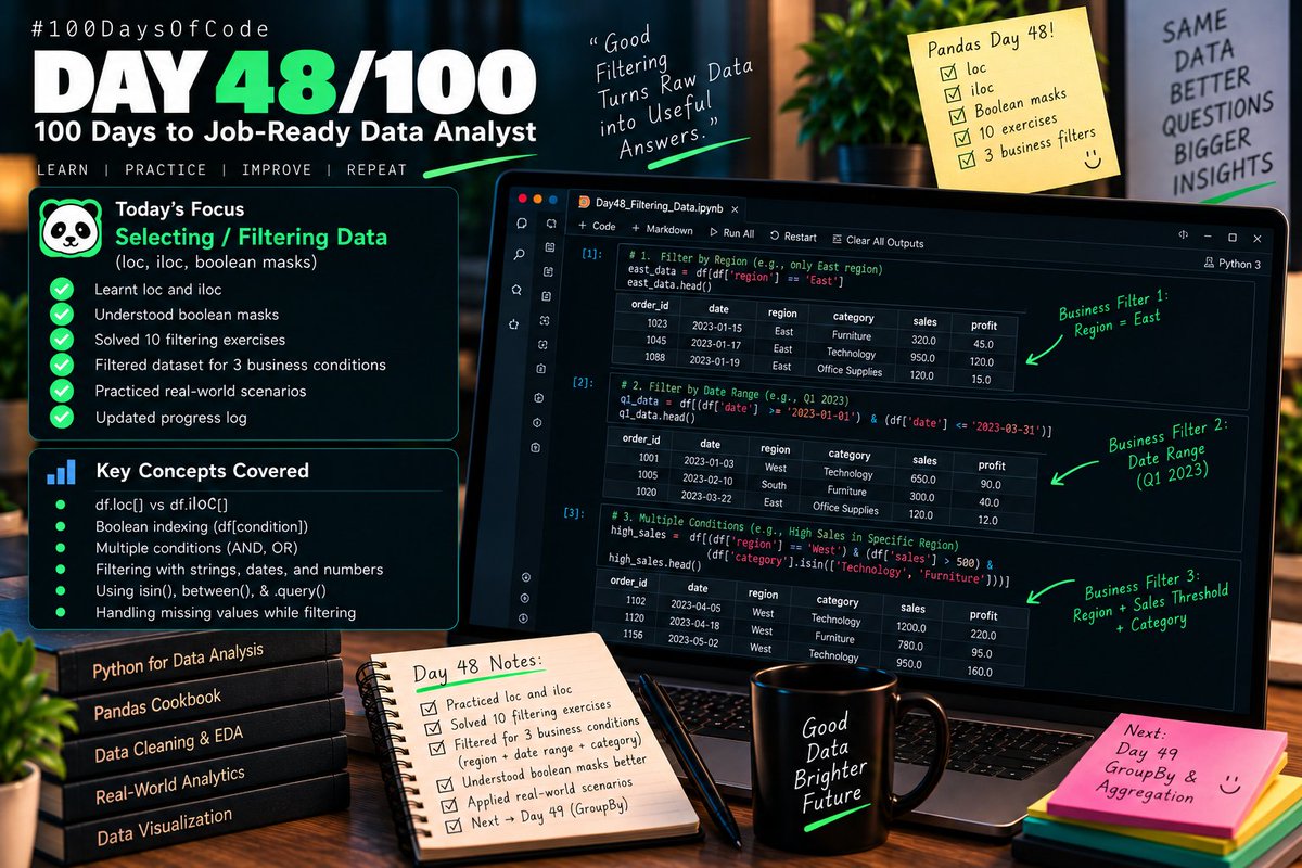 Chiranjeeb_Ku_'s tweet photo. Day 48/100 — Pandas 🐼

Focused on loc, iloc &amp; boolean filtering.

Solved 10 exercises and filtered data using different business conditions.

Key insight: Good filtering turns raw data into useful answers.

#100DaysOfData #DataAnalyst https://t.co/omhMkzR3p6