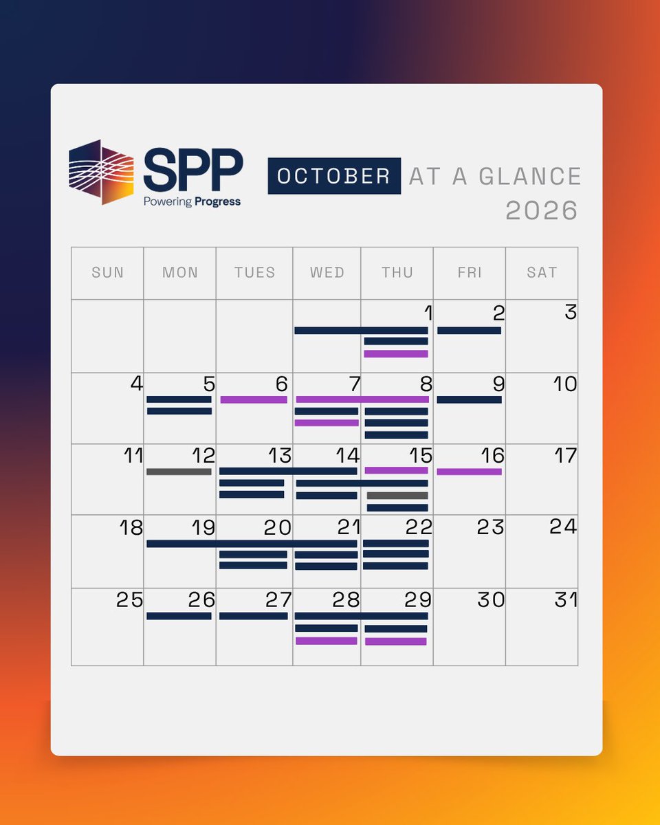 SPPorg's tweet photo. October is gearing up to be a busy month at SPP! Meeting highlights include: Oversight Committee Meeting, the quarterly Markets and Operations Policy Committee Meeting and Strategic Planning Committee and more. Click the link below to explore all events: https://t.co/5c7pY3Jl1k https://t.co/Akz7728lcx