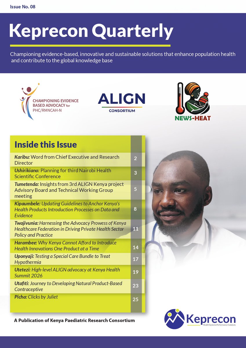 keprecon's tweet photo. Your next read is here - Keprecon Issue 8 is out
https://t.co/jJBBcp7tDc
From health innovations and evidence to advocacy, policy and research, this issue takes you into the work shaping stronger health systems.
Explore the latest from ALIGN Kenya, efforts to strengthen health products and technologies, the role of advocacy in advancing private-sector health policy, new approaches to hypothermia care, and research into a natural product-based contraceptive.