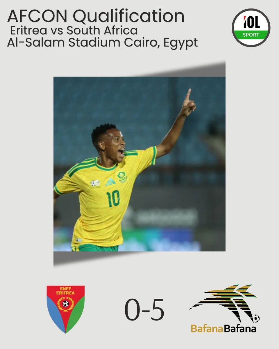 IOLsport's tweet photo. FIVE-STAR BAFANA! โฝ๐ฅ South Africa puts on a masterclass at Cairo's Al-Salam Stadium, crushing Eritrea 5-0 in their AFCON qualifier! ๐ฟ๐ฆ๐
Read more ๐https://t.co/uBbwf70FN5
#BafanaBafana #AFCONQualifiers #IOLSport #SouthAfricaSoccer https://t.co/YqAa1A2SEu