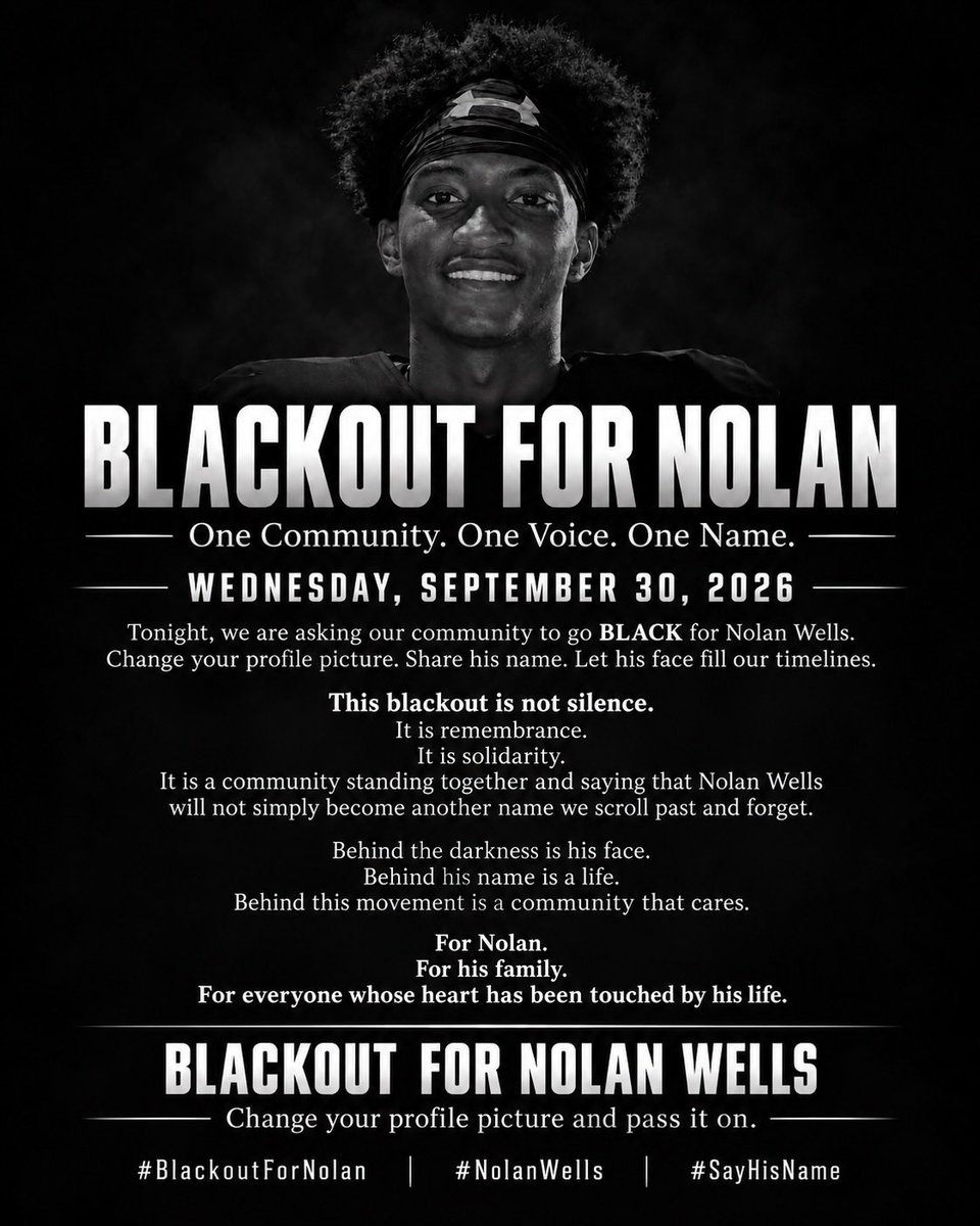 LeeMerrittesq's tweet photo. BLACKOUT FOR NOLAN WELLS ✊🏾

This Wednesday, September 30, we are asking our community to go BLACK for Nolan Wells.

Change your profile picture.

Share his name.

Let his face fill our timelines.

This blackout is not silence.

It is remembrance.

It is solidarity.

It is a community standing together and saying that Nolan Wells will not simply become another name we scroll past and forget.

Behind the darkness is his face.

Behind his name is a life.

Behind this movement is a community that cares.

One Community. One Voice. One Name.

For Nolan.

For his family.

For everyone whose heart has been touched by his life.

BLACKOUT FOR NOLAN WELLS – WEDNESDAY, SEPTEMBER 30

Change your profile picture and pass it on.

#blackoutfornolan

🎥: @violadavis | @justfinish1.0