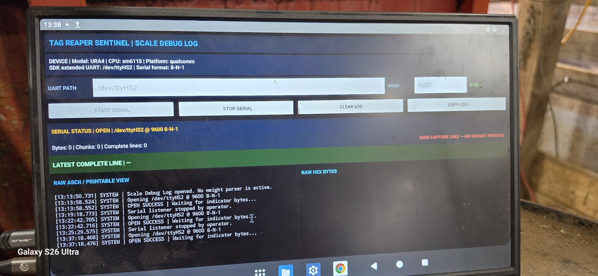 TheDigitlSmithy's tweet photo. Got the load bars, scale, and indicator connected. Next trying to get the Tag Reaper Sentinel software to connect to the scale. The reaper tags are deployed. The Reaper Sentinel scans Reaper Tag, reads my HerdMate app, and delivers animal information. Just need to get the scale talking to Reaper Sentinel.