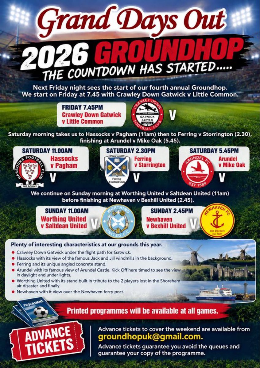 OfficialCDGFC's tweet photo. ⚽🔥 OUR FIRST EVER GROUND HOP! 🔥⚽

FRIDAY NIGHT UNDER THE LIGHTS 

We’re excited to welcome you all  to The Haven, Crawley Down – home of Crawley Down Gatwick Football Club, the Anvils, as we celebrate our first ever Ground Hop day! 🙌

📅 Friday night
🆚 @littlecommonfc 
⚽ Kick-off 7:45pm
🏆 @TheSCFL 
🍔 Special football menu
🍺 Outside bar
🎧 Outside Dj 
🍽️ Food available all day
🍻 Bar open all day

🚗 Please park responsibly and help us keep our village safe. We ask everyone to respect our neighbours and the local community ❤️

Come down, soak up the atmosphere and enjoy a proper Friday night of football! ⚽🍻 and Goodluck to all the other clubs hosting @hassocksfc @_FerringFC @ArundelOfficial @NewhavenFC @WorthingUtdFC 🙌
@SussexPreview @TheSnlf @NonLeague_SSX @SportSussex @Sussex_World @GroundhopperUK 
@Crawley_Obby @_ChrisPrior @mikemccaffreyuk @SussexHop2026