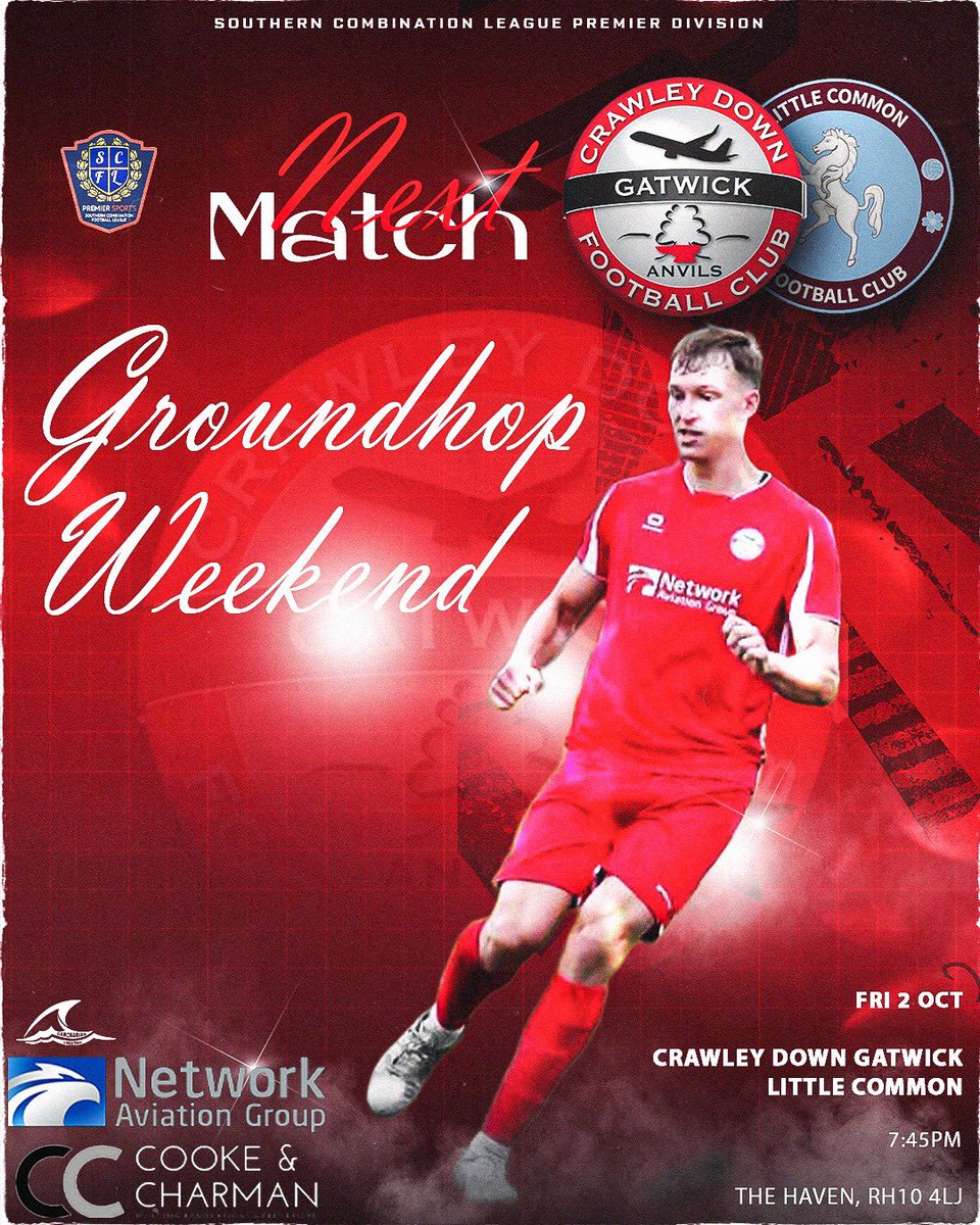OfficialCDGFC's tweet photo. ⚽🔥 OUR FIRST EVER GROUND HOP! 🔥⚽

FRIDAY NIGHT UNDER THE LIGHTS 

We’re excited to welcome you all  to The Haven, Crawley Down – home of Crawley Down Gatwick Football Club, the Anvils, as we celebrate our first ever Ground Hop day! 🙌

📅 Friday night
🆚 @littlecommonfc 
⚽ Kick-off 7:45pm
🏆 @TheSCFL 
🍔 Special football menu
🍺 Outside bar
🎧 Outside Dj 
🍽️ Food available all day
🍻 Bar open all day

🚗 Please park responsibly and help us keep our village safe. We ask everyone to respect our neighbours and the local community ❤️

Come down, soak up the atmosphere and enjoy a proper Friday night of football! ⚽🍻 and Goodluck to all the other clubs hosting @hassocksfc @_FerringFC @ArundelOfficial @NewhavenFC @WorthingUtdFC 🙌
@SussexPreview @TheSnlf @NonLeague_SSX @SportSussex @Sussex_World @GroundhopperUK 
@Crawley_Obby @_ChrisPrior @mikemccaffreyuk @SussexHop2026