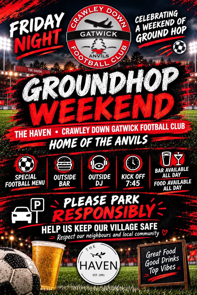 OfficialCDGFC's tweet photo. ⚽🔥 OUR FIRST EVER GROUND HOP! 🔥⚽

FRIDAY NIGHT UNDER THE LIGHTS 

We’re excited to welcome you all  to The Haven, Crawley Down – home of Crawley Down Gatwick Football Club, the Anvils, as we celebrate our first ever Ground Hop day! 🙌

📅 Friday night
🆚 @littlecommonfc 
⚽ Kick-off 7:45pm
🏆 @TheSCFL 
🍔 Special football menu
🍺 Outside bar
🎧 Outside Dj 
🍽️ Food available all day
🍻 Bar open all day

🚗 Please park responsibly and help us keep our village safe. We ask everyone to respect our neighbours and the local community ❤️

Come down, soak up the atmosphere and enjoy a proper Friday night of football! ⚽🍻 and Goodluck to all the other clubs hosting @hassocksfc @_FerringFC @ArundelOfficial @NewhavenFC @WorthingUtdFC 🙌
@SussexPreview @TheSnlf @NonLeague_SSX @SportSussex @Sussex_World @GroundhopperUK 
@Crawley_Obby @_ChrisPrior @mikemccaffreyuk @SussexHop2026
