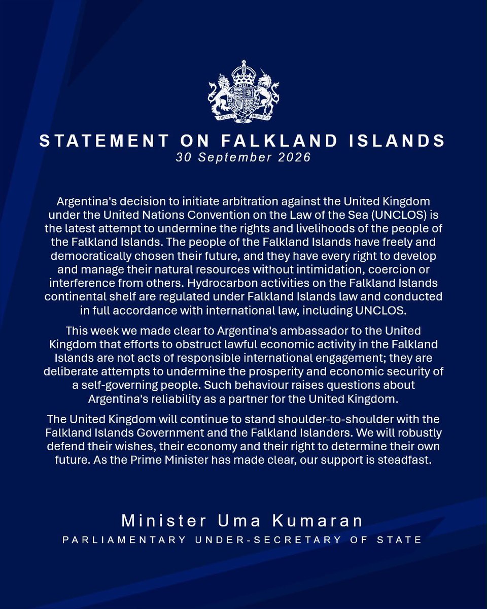 Uma_Kumaran's tweet photo. The Falkland Islands are British. We will always defend the Falkland Islanders' right to self-determination.
 
Read the United Kingdom's response to Argentina's latest attempt to undermine the rights of Falkland Islanders below. https://t.co/dwobfm98o4