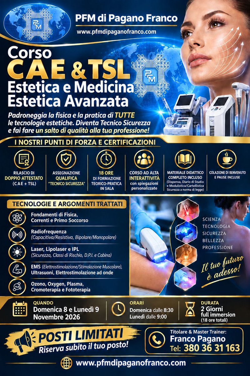 pfmpaganofranco's tweet photo. 🚀 Corso CAE &amp; TSL  18 ore su Laser, RF, EMS, IPL e sicurezza in cabina. 
📜 Doppio Attestato + Nomina Tecnico Sicurezza 
☕ Colazione offerta
👥 Max 20 posti (min. 10)
📅 8-9 Nov 2026
👇 Programma completo: https://t.co/vX3Kwe0C2q

#pfmdipaganofranco #corsotsl #corsocae https://t.co/VMnUMnXEDV