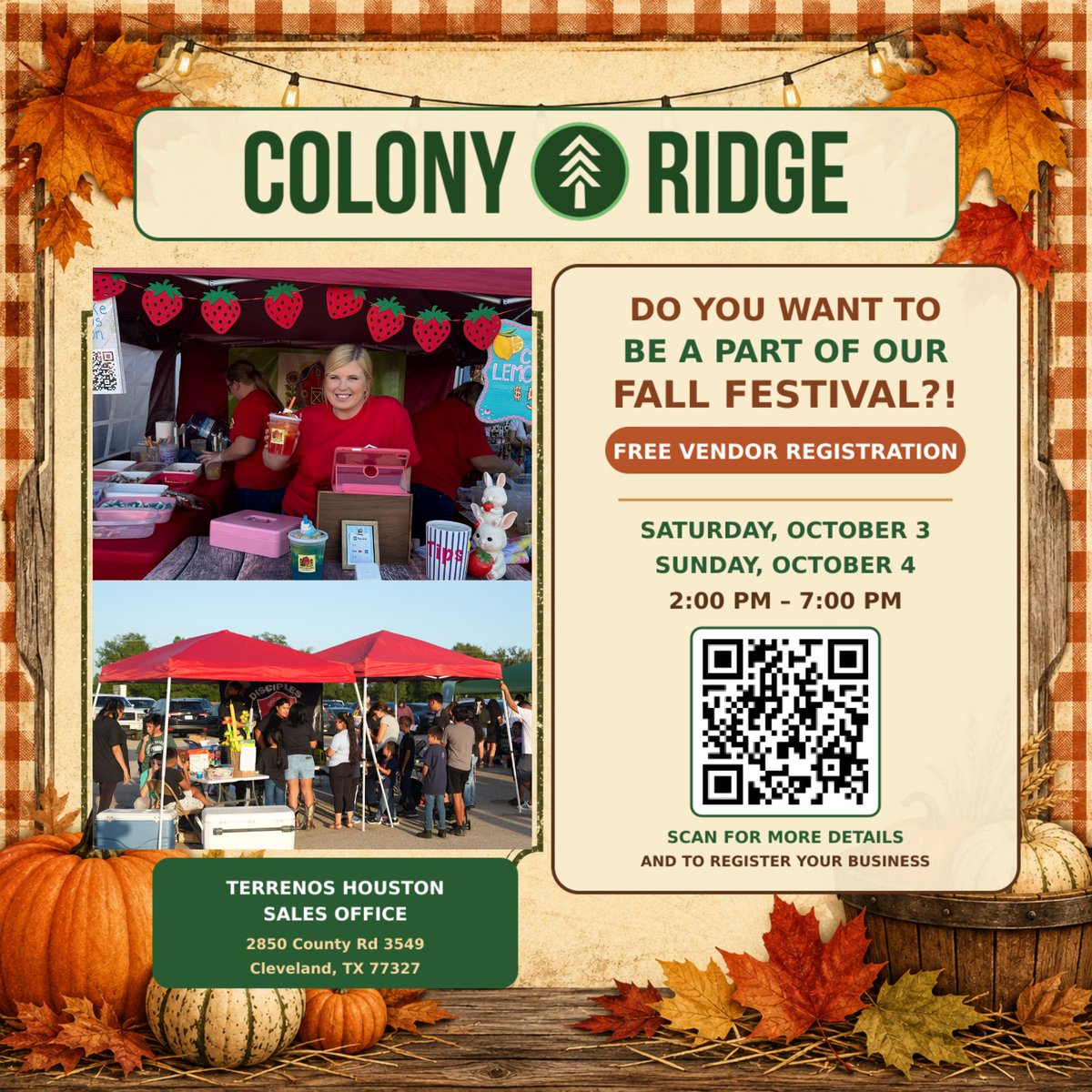 ColonyRidgeTX's tweet photo. We’d love to have YOU as a vendor at our Fall Festival! 🍂 Join us October 10–11, from 2–6 PM. Registration is free—just scan the QR code to sign up!

#vendors #vendorswanted #Fallfest #Fallfestival #ClevelandTX #NorthHouston #Events #ColonyRidge #SantaFe https://t.co/fyuBEt1FDk