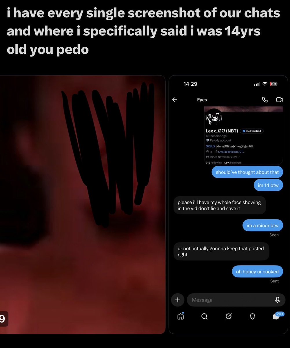 vicycle's tweet photo. serious violet post, i've been informed the video he was freaking out about was sent to a 14 yo. he follows several children on this app. 

i'm calling attention to it because apparently he makes a lot of rounds in the space. i'd appreciate if we all blocked him and kept him out. https://t.co/UVB3jLQBC9