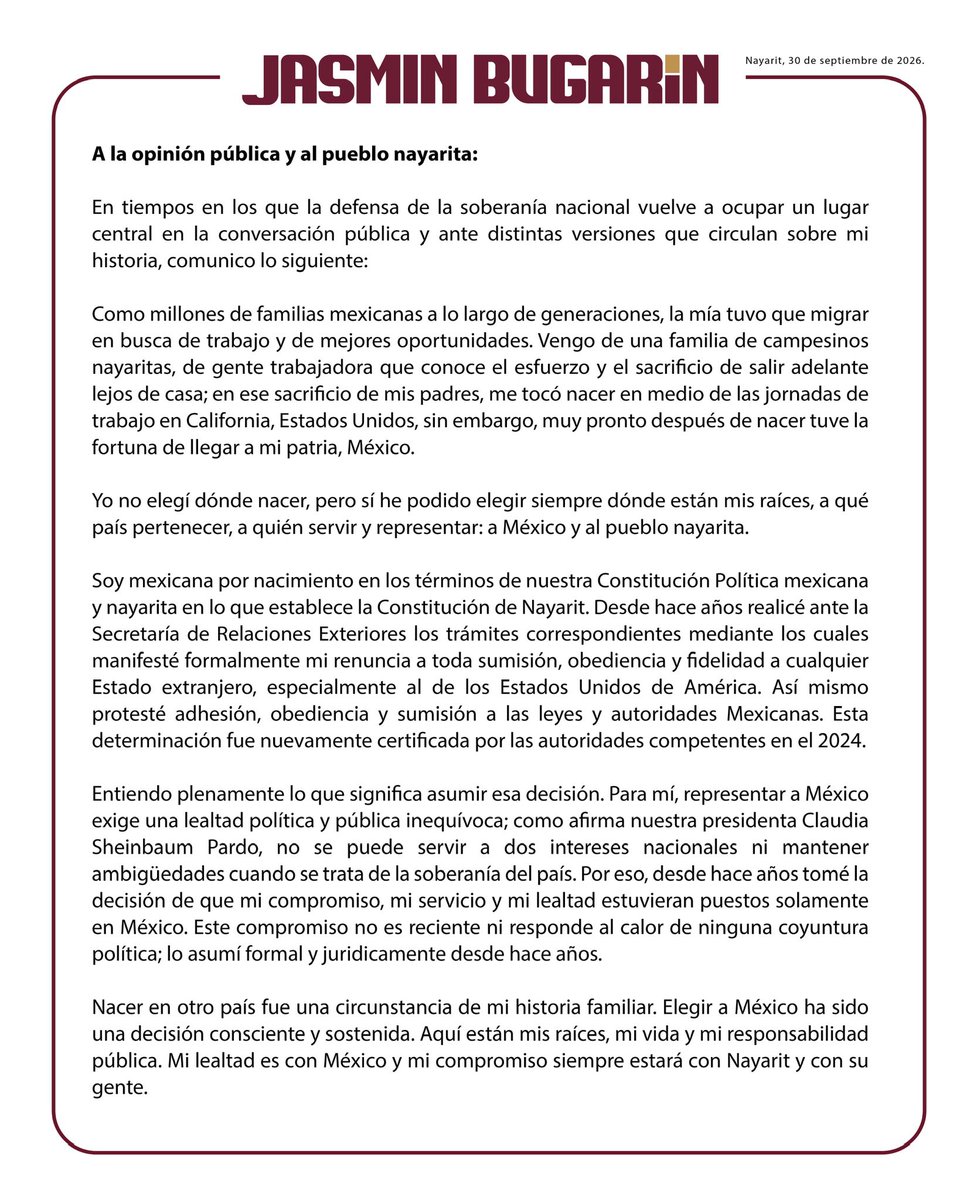 JasminBugarin's tweet photo. En tiempos en los que la defensa de la soberanía nacional vuelve a ocupar un lugar central en la conversación pública y ante distintas versiones que circulan sobre mi historia, comunico lo siguiente: https://t.co/B8EJXXB4Kb