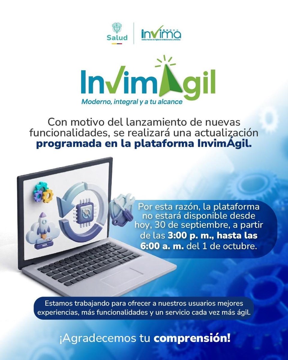 invimacolombia's tweet photo. Nuestra plataforma entrará en una ventana de mantenimiento programado para implementar nuevas funcionalidades y continuar mejorando la experiencia de nuestros usuarios.
Agradecemos tu comprensión mientras trabajamos para ofrecerte una plataforma más ágil, eficiente y funcional. https://t.co/CjiMDcMJGo