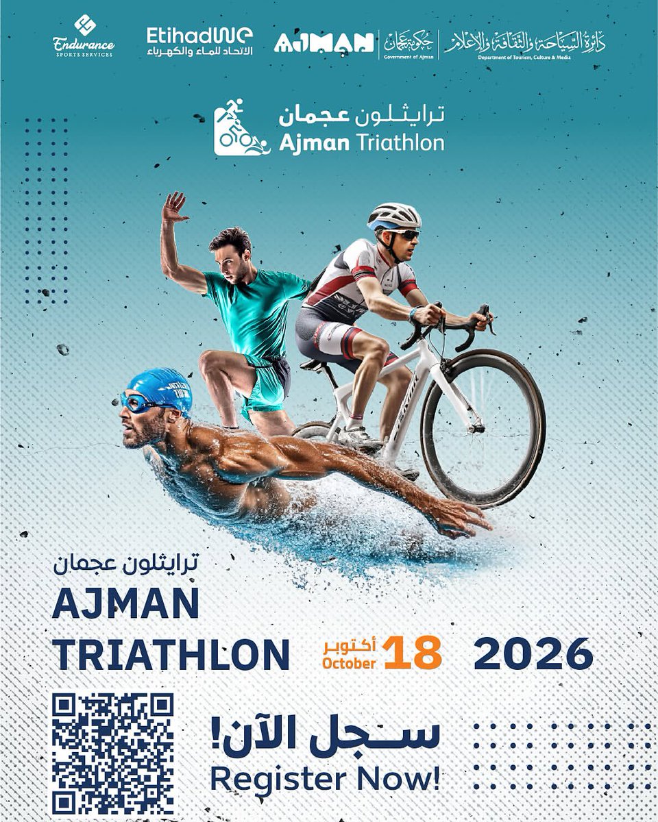 Endurance_ss's tweet photo. موعدكم مع ترايثلون عجمان 2026 في 18 أكتوبر،

لنكونوا جزءًا من أجواء رياضية تجمع المشاركين وعشاق المنافسة 🏊‍♂️🏃🏼‍♂️🚴‍♂️

Join us for the Ajman Triathlon 2026 on 18 October 

Register now | سجل الآن
https://t.co/503lxDeOUl https://t.co/umLAVDw1I6