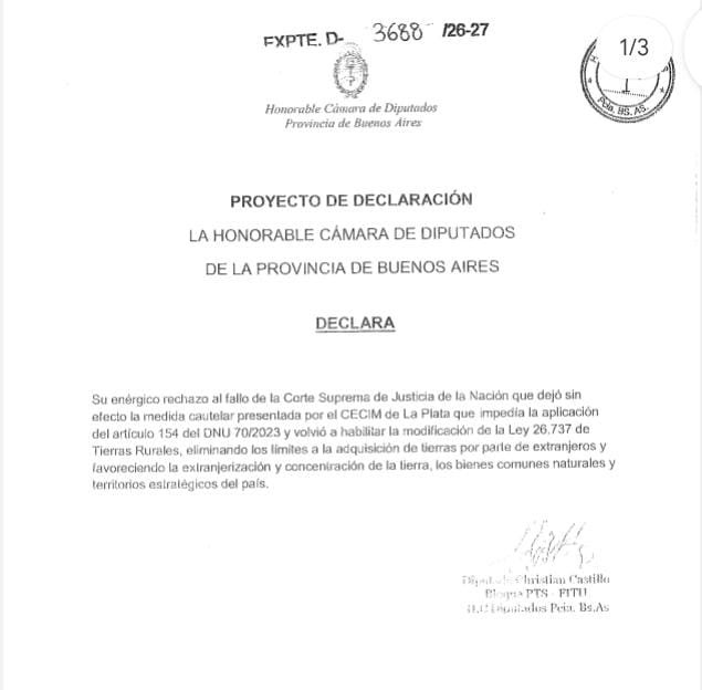 chipicastillo's tweet photo. En @HCDiputadosBA presentamos proyecto repudiando el fallo de Corte que permite la extranjerización sin límites de nuestro territorio https://t.co/rrNYEWh6Wl