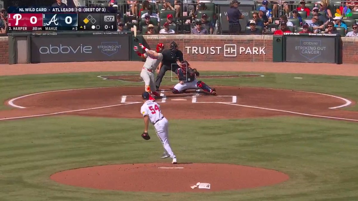 The image captures a Phillies vs. Braves NL Wild Card game at Truist Park, with Philadelphia leading 1-0 in the first inning as Bryce Harper is at bat with the score tied 0-0 on the broadcast graphic (showing ".865 OPS" for Harper and Mahle pitching with an 0-1 count). The caption "PHILS STRIKE FIRST IN ATL" likely refers to this opening moment of the game, highlighting Philadelphia's early lead in the best-of-3 Wild Card series matchup against Atlanta.