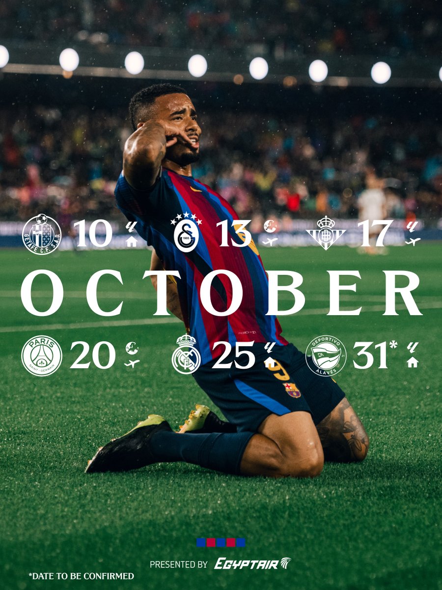 FCBarcelona's tweet photo. October is calling. 📞
🎟️ https://t.co/OvhtRHC1SF

@EGYPTAIR https://t.co/iz55cxgdsh