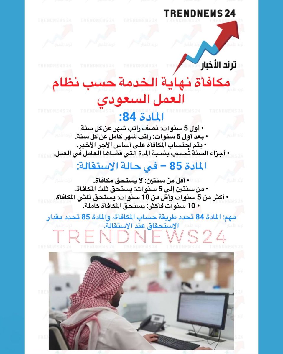 trendnews_24's tweet photo. مكافأة نهاية ا��خدمة حسب نظام العمل السعودي

المادة 84:

 • أول 5 سنوات: نصف راتب شهر عن كل سنة.  
 • بعد أول 5 سنوات: راتب شهر كامل عن كل سنة.  
 • يتم احتساب المكافأة على أساس الأجر الأخير.  
 • أجزاء السنة تُحسب بنسبة المدة التي قضاها العامل في العمل.  

المادة 85 – في حالة الاستقالة:

 • أقل من سنتين: لا يستحق مكافأة.  
 • من سنتين إلى 5 سنوات: يستحق ثلث المكافأة.  
 • أكثر من 5 سنوات وأقل من 10 سنوات: يستحق ثلثي المكافأة.  
 • 10 سنوات فأكثر: يستحق المكافأة كاملة.  

مهم: المادة 84 تحدد طريقة حساب المكافأة، والمادة 85 تحدد مقدار الاستحقاق عند الاستقالة.  

(خالد القحطاني | HR)