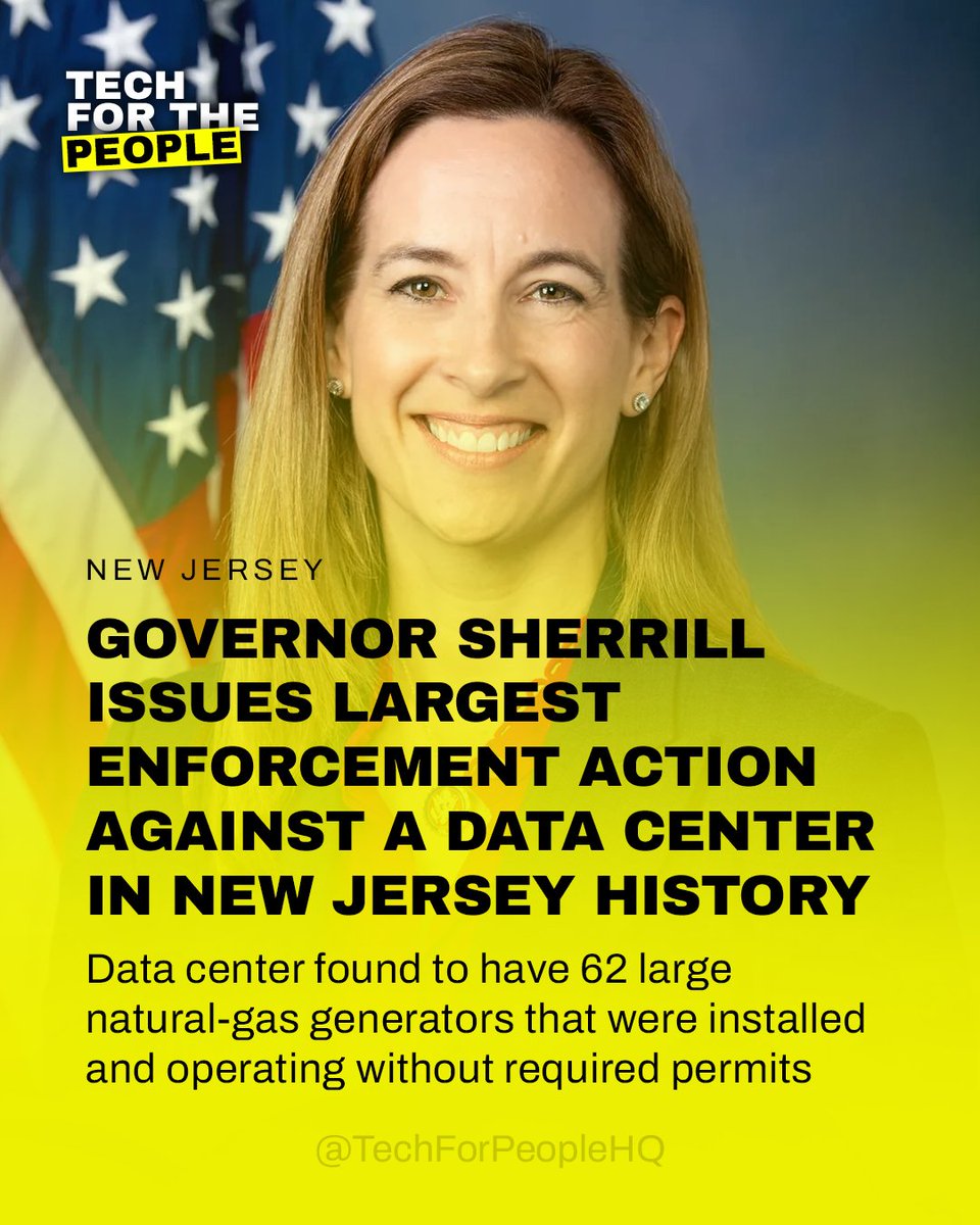 TechForPeopleHQ's tweet photo. ICYMI: @govsherrillnj took bold action to hold a data center accountable for installing and operating 62 natural-gas generators without required permits. https://t.co/1tA8tdlDwh