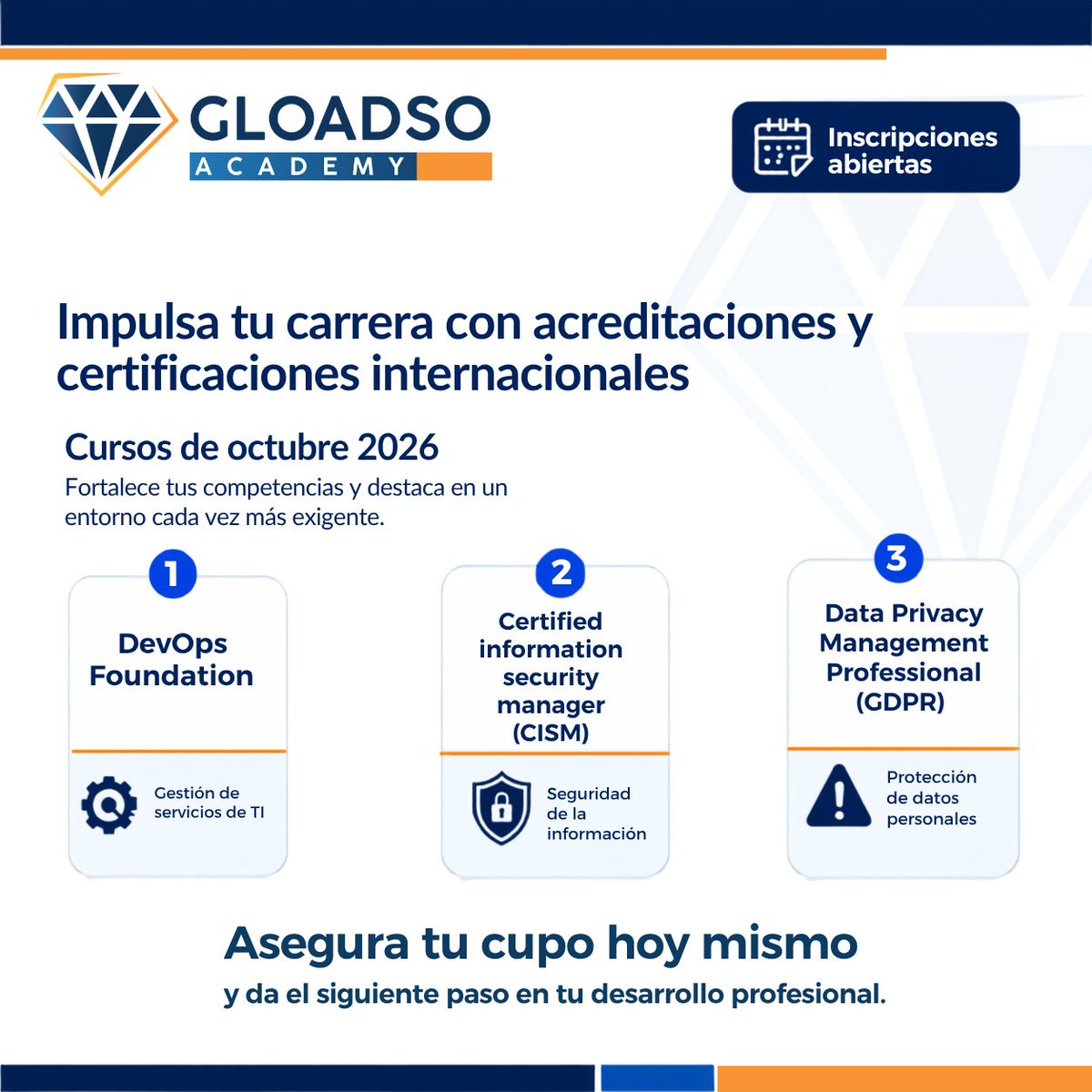 WTCPanama's tweet photo. 🎓 Impulse su desarrollo profesional con las próximas certificaciones internacionales de @GLOADSO en octubre: DevOps, Seguridad de la Información y Protección de Datos.
🌎Beneficios especiales para la red de WTC Panama.
#WTCPanama #GLOADSO #Certificación #DevOps #Ciberseguridad https://t.co/KHPNIx5BFh