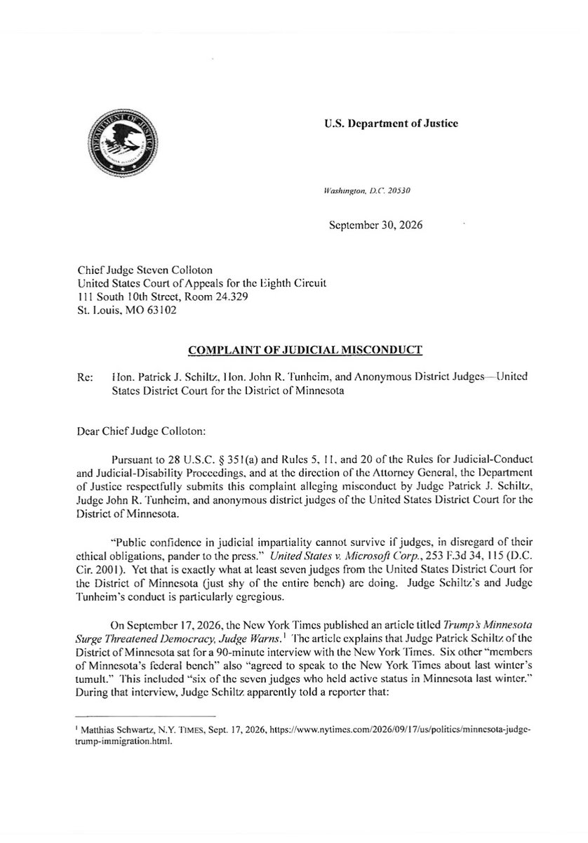 ASGWoodward's tweet photo. 🚨Today we filed a complaint of judicial misconduct in the Eight Circuit against Minnesota judges that alleges their improper and unethical comments to the New York Times regarding immigration cases. @TheJusticeDept will not let that stand, and today’s complaint ensures we have a fair and impartial forum to continue to vigorously enforce our Nation’s immigration laws in court.