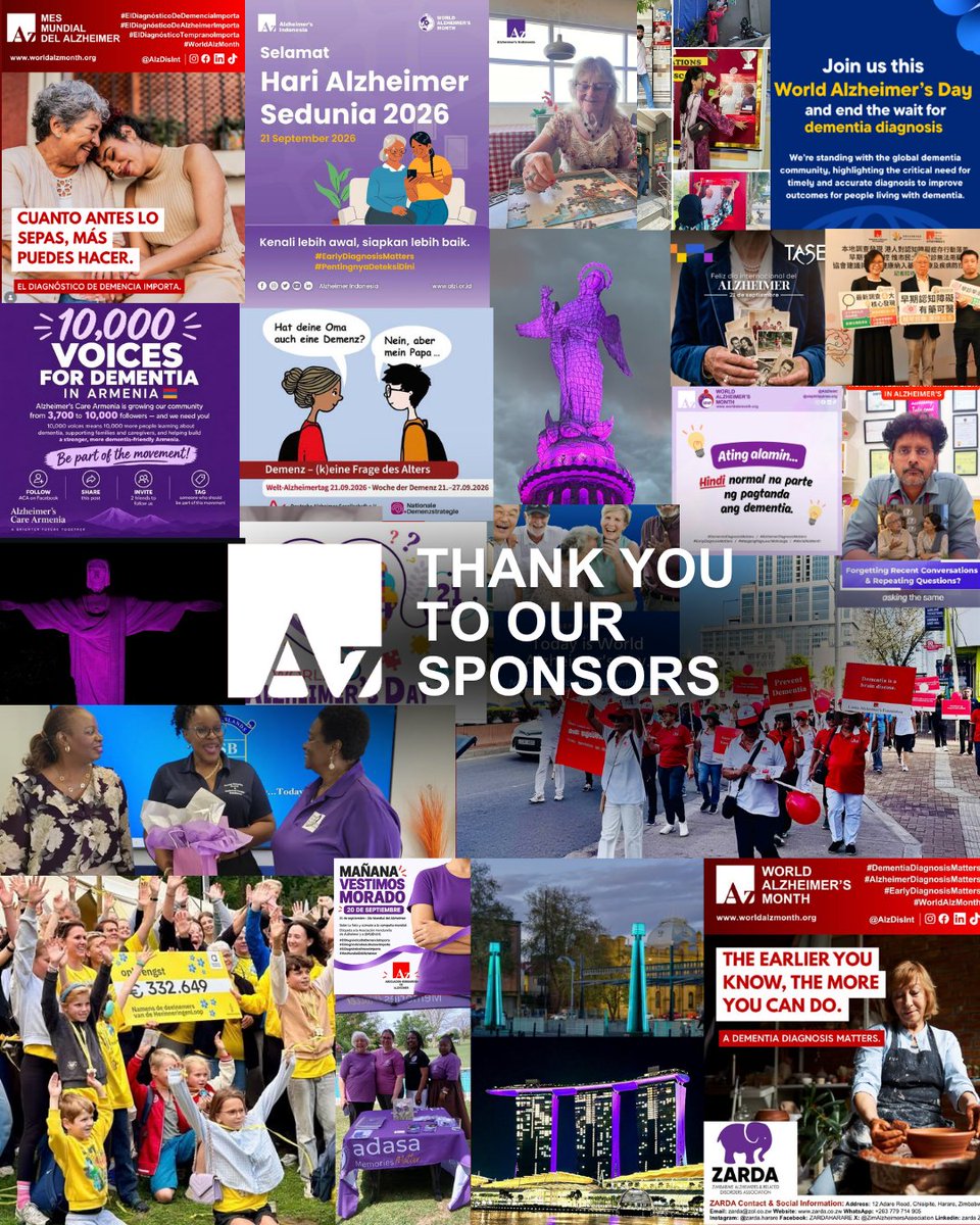 AlzDisInt's tweet photo. As September comes to a close, we want to say a heartfelt thank you to everyone who has helped make World Alzheimer’s Month 2026 such a powerful global campaign.

ADI’s campaign and all of the incredible global activity, including Memory Walks, television and radio interviews, illuminated buildings, lectures, poster campaigns and online advocacy, 
would also not have been possible without the generous support of our World Alzheimer’s Month sponsors AbbVie, Bristol Myers Squibb, Danaher, Eisai, Eli Lilly & Company, GE Healthcare, Lantheus, MSD, Nutricia, Otsuka and Roche.

Throughout the month, we have united to raise awareness of dementia, focusing on one important message: The Earlier You Know, The More You Can Do: A Dementia Diagnosis Matters.

This year’s campaign has reached countless communities around the world with the aim of creating a truly global call for improved awareness, understanding and access to seek an early diagnosis, and the support, treatment and care to follow on from a diagnosis.

Thank you for standing with us and helping make this campaign heard and felt globally. 

Want to support World Alzheimer’s Month 2027?
For more information on how your organisation can get involved, please contact Nick House, Corporate Partnerships Development Manager: n.house@alzint.org.

#WorldAlzMonth #DementiaDiagnosisMatters #AlzheimerDiagnosisMatters #EarlyDiagnosisMatters