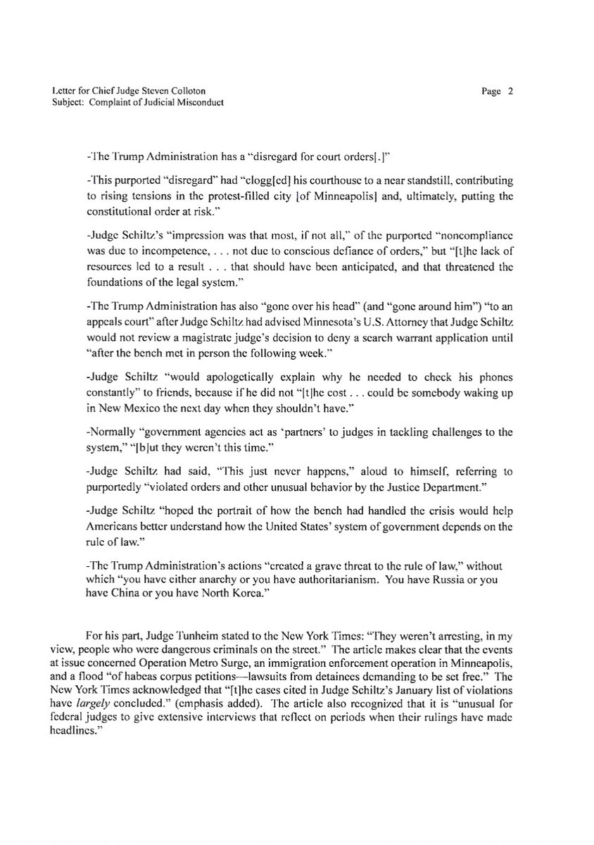 ASGWoodward's tweet photo. 🚨Today we filed a complaint of judicial misconduct in the Eight Circuit against Minnesota judges that alleges their improper and unethical comments to the New York Times regarding immigration cases. @TheJusticeDept will not let that stand, and today’s complaint ensures we have a fair and impartial forum to continue to vigorously enforce our Nation’s immigration laws in court.