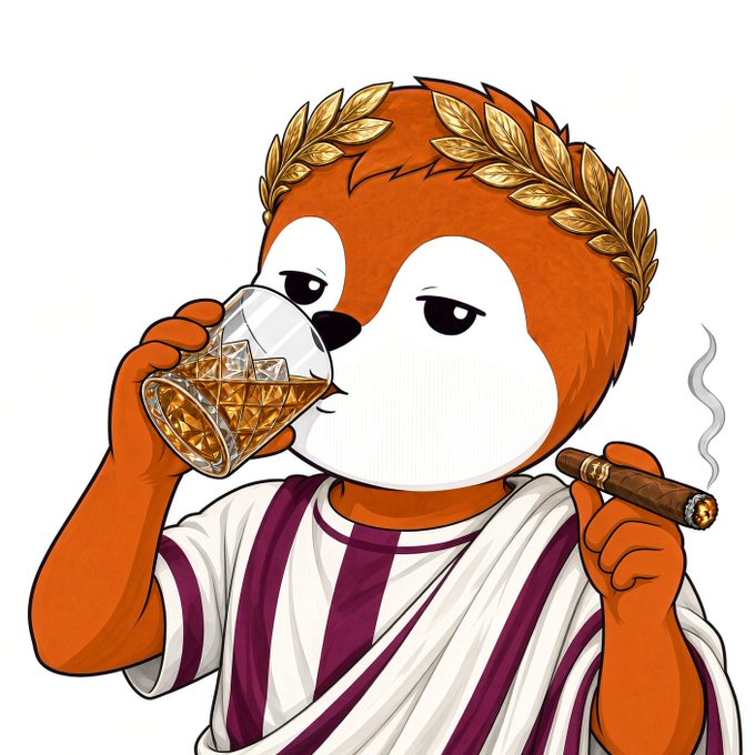 An illustrated orange anthropomorphic character wearing a laurel wreath and toga-like attire drinks from a crystal whiskey glass while holding a lit cigar.