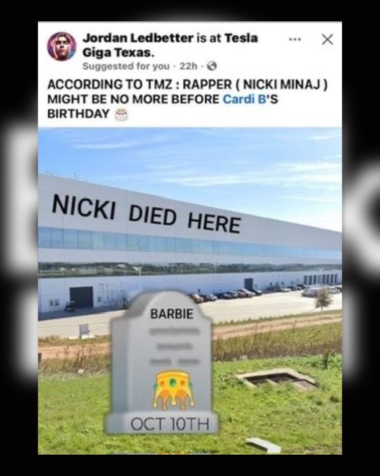 BlackMedia___'s tweet photo. A man using the Facebook name “Jordan Ledbetter” is making death threats against Nicki Minaj ahead of the X Takeover(@theXtakeover), an event featuring @NICKIMINAJ alongside @mayemusk at Tesla Giga Texas on October 10.

The individual is using a fake last name associated with the Texas town where he lives. This has already been reported to the authorities.

We will not stop there until he is arrested and held accountable. A death threat against a real person is not internet drama, a joke or something that should be ignored because it was posted online.

Please tag the @FBI and the appropriate authorities under this post and bring this to their attention. The people responsible for protecting Nicki and everyone attending this event need to be aware of these threats.

This will be documented, reported and followed up on until the proper authorities take action. @teslaownersSV @elonmusk @FBIDirectorKash @alexbruesewitz