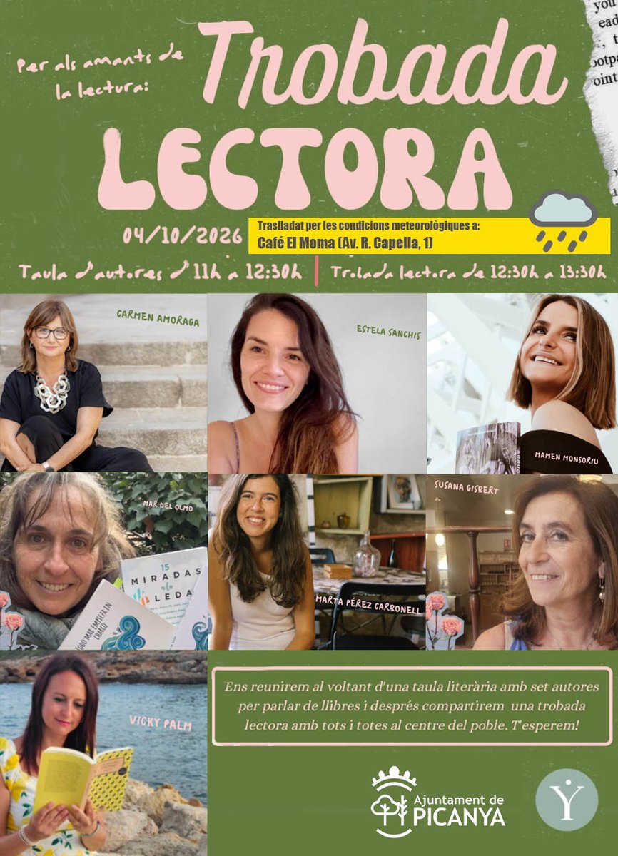 aPicanya's tweet photo. Donada previsió meteorològica per als propers dies l'organització de la Trobada Lectora prevista per a este diumenge ha traslladat l'acte (mateix horari, mateixes condicions) a la cafeteria El Moma (Av. R. Capella, 1 - Picanya) https://t.co/gbCBzbLGXw