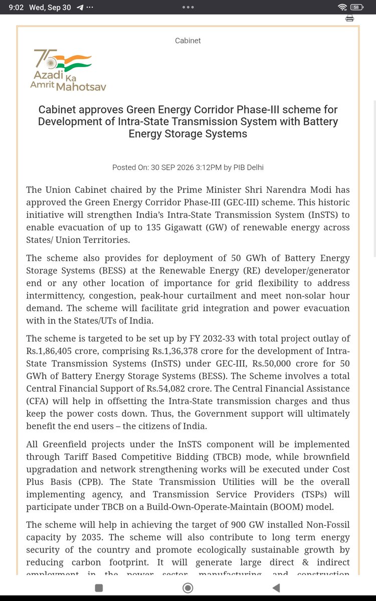 ShridhantS's tweet photo. Big boost for BESS & Transmission sector 🔥🔥🔥

Cabinet approves Green Energy Corridor Phase-III 
Under this 135GW of Intra state transmission system along with 50GWh of BESS Storage will be deployed by 2033 with total Outlay of Rs.1,86,405 crs

Focused  "power equipment & BESS"

#BESS #Transmission #Power