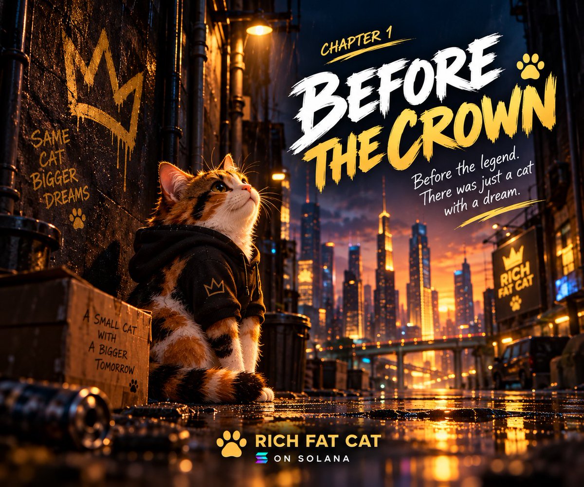RichFatCatonSol's tweet photo. CHAPTER 1: BEFORE THE CROWN 👑

No crown.
No fortune.
No one who knew his name.

Just a calico cat with a dream bigger than the streets he called home.

Every legend starts somewhere.

This one starts here. 🐾

$RFC | The story begins.

#RichFatCat #Solana https://t.co/NSkrVroYZ7