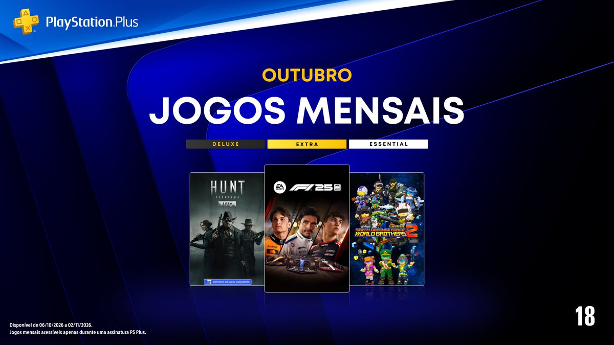 PlayStation_BR's tweet photo. Os jogos mensais PlayStation Plus de outubro são:

🏎️ F1 25
🏹 Hunt: Showdown 1896
👾 Earth Defense Force: World Brothers 2
Detalhes completos: https://t.co/CWBDFRJxzG https://t.co/IStY6UCn4b